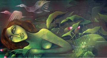 mermaid in lotus pond iii 2008 Indian Oil Paintings